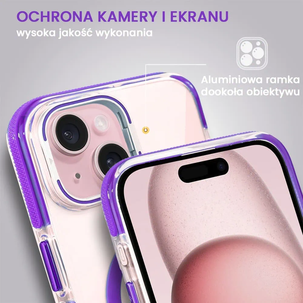 Etui do iPhone 15 Plus Hard Color MagSafe, twardy krystaliczny tył, z podstawką, purpurowe