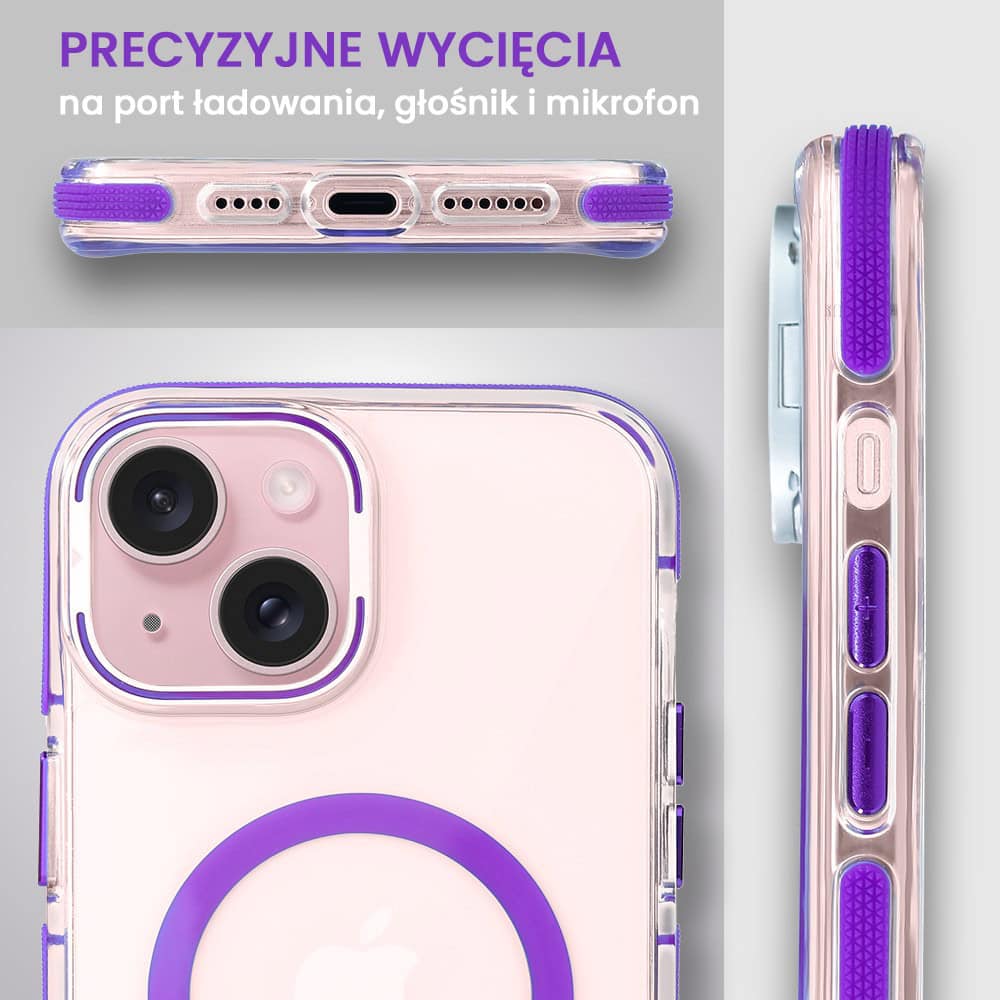 Etui do iPhone 15 Plus Hard Color MagSafe, twardy krystaliczny tył, z podstawką, purpurowe