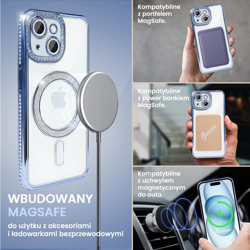Etui do iPhone 15 Plus Diadem Glow, błyszczące z MagSafe, przeźroczyste, niebieskie (OUTLET)