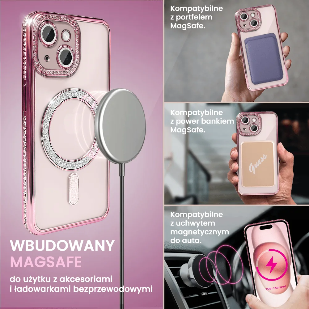 Etui do iPhone 15 Diadem Glow, błyszczące z MagSafe, przeźroczyste, różowe (OUTLET)