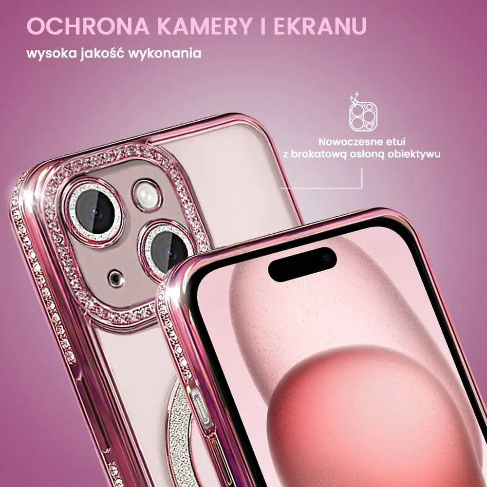 Etui do iPhone 15 Diadem Glow, błyszczące z MagSafe, przeźroczyste, różowe (OUTLET)