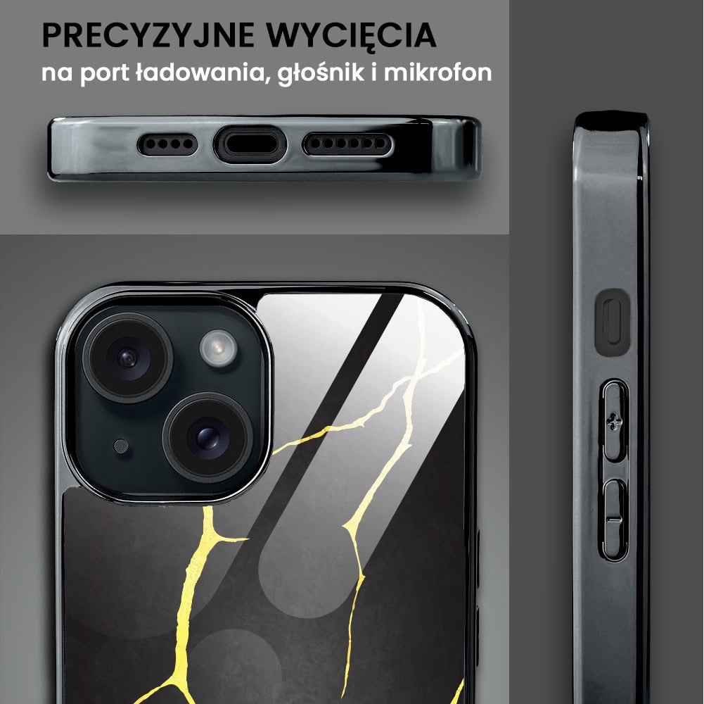 Etui do iPhone 15, Elite Glass, Kintsugi, czarna porcelana, czarne