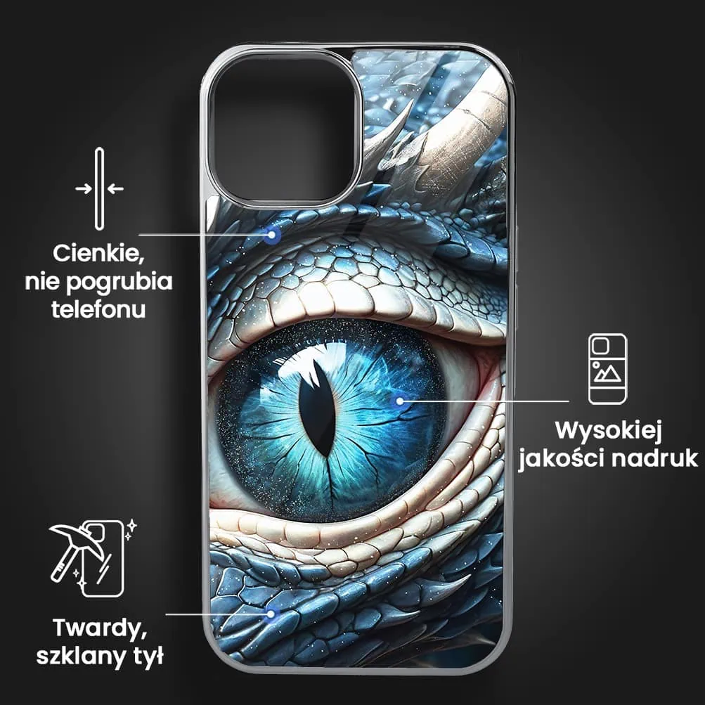 Etui do iPhone 15, Elite Glass, szklany tył, oko lodowego smoka, srebrne