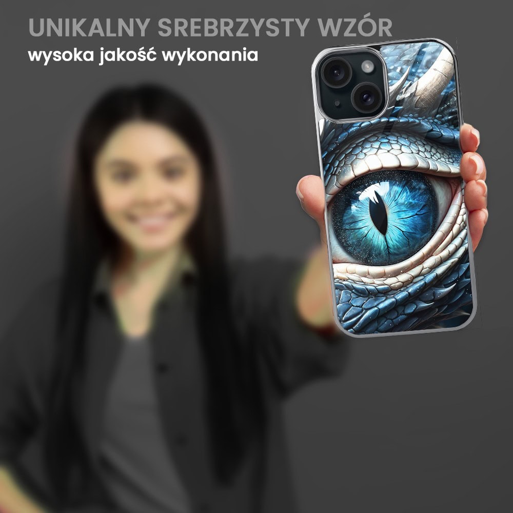 Etui do iPhone 15, Elite Glass, szklany tył, oko lodowego smoka, srebrne