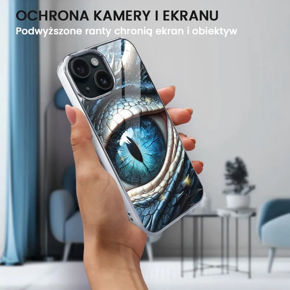 Etui do iPhone 15, Elite Glass, szklany tył, oko lodowego smoka, srebrne