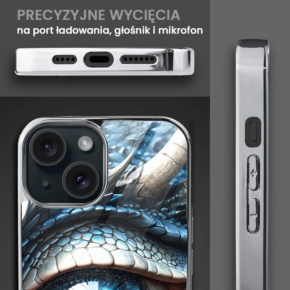 Etui do iPhone 15, Elite Glass, szklany tył, oko lodowego smoka, srebrne