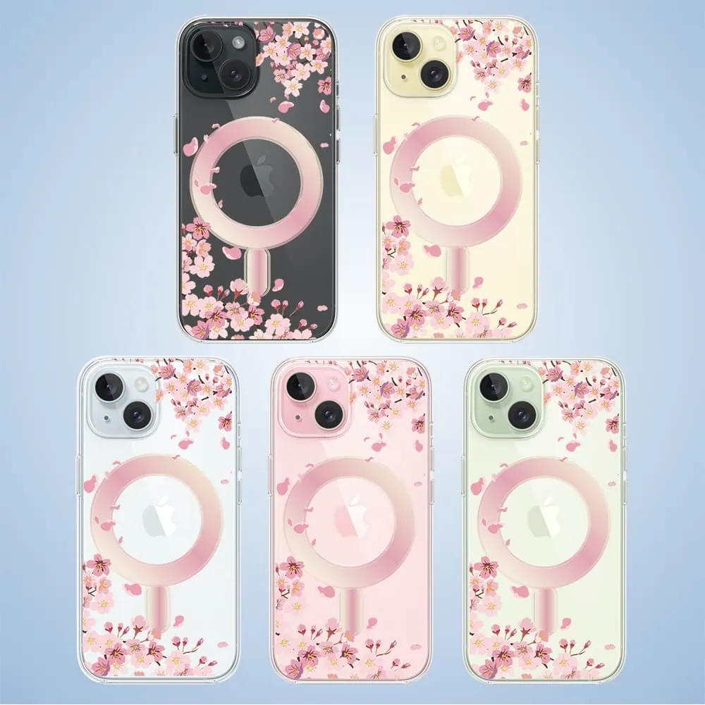 Etui do iPhone 15, Flower MagSafe, kwiat wiśni, przeźroczyste