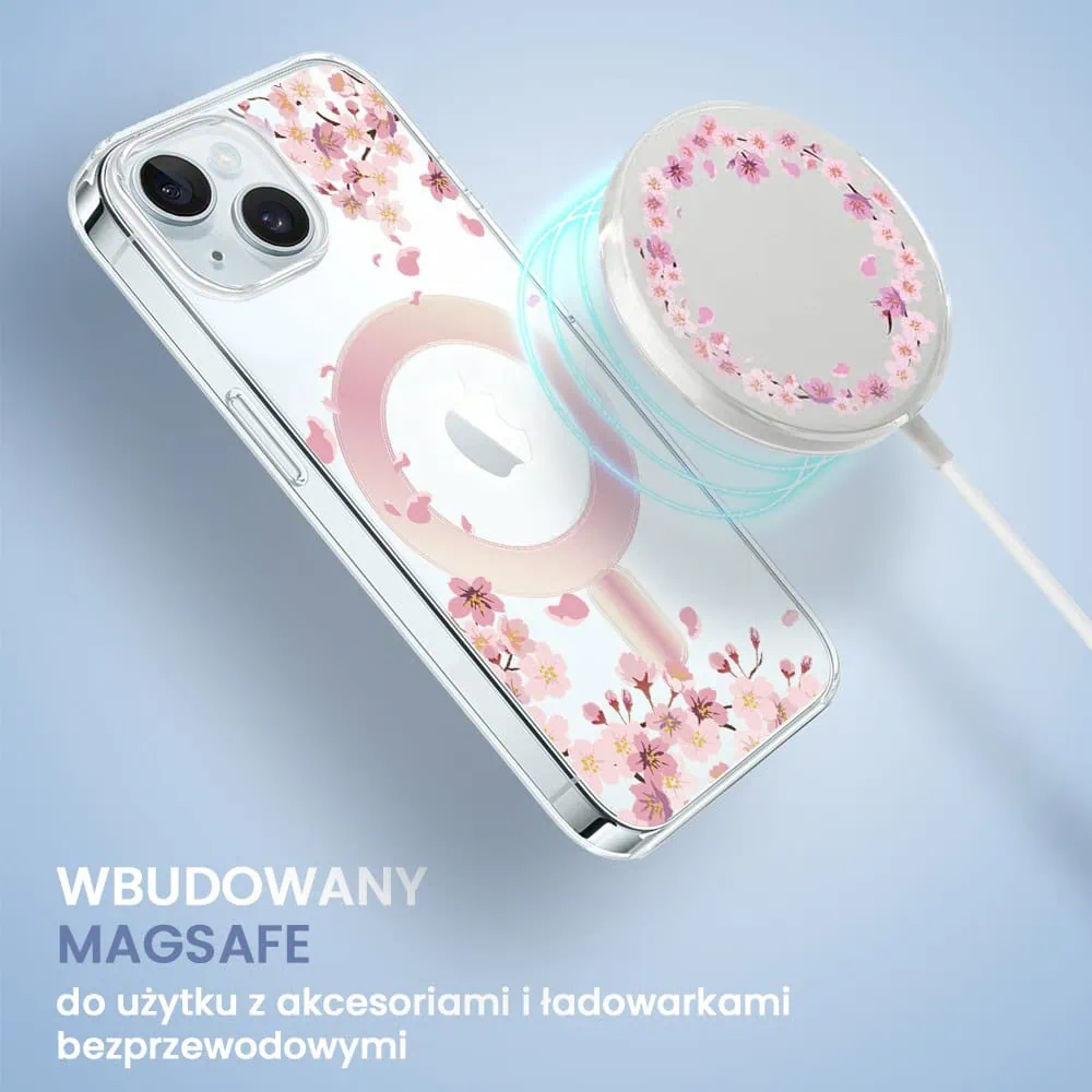 Etui do iPhone 15, Flower MagSafe, kwiat wiśni, przeźroczyste