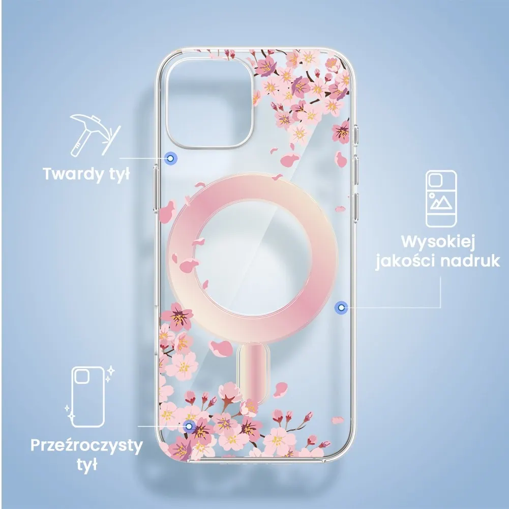 Etui do iPhone 15, Flower MagSafe, kwiat wiśni, przeźroczyste