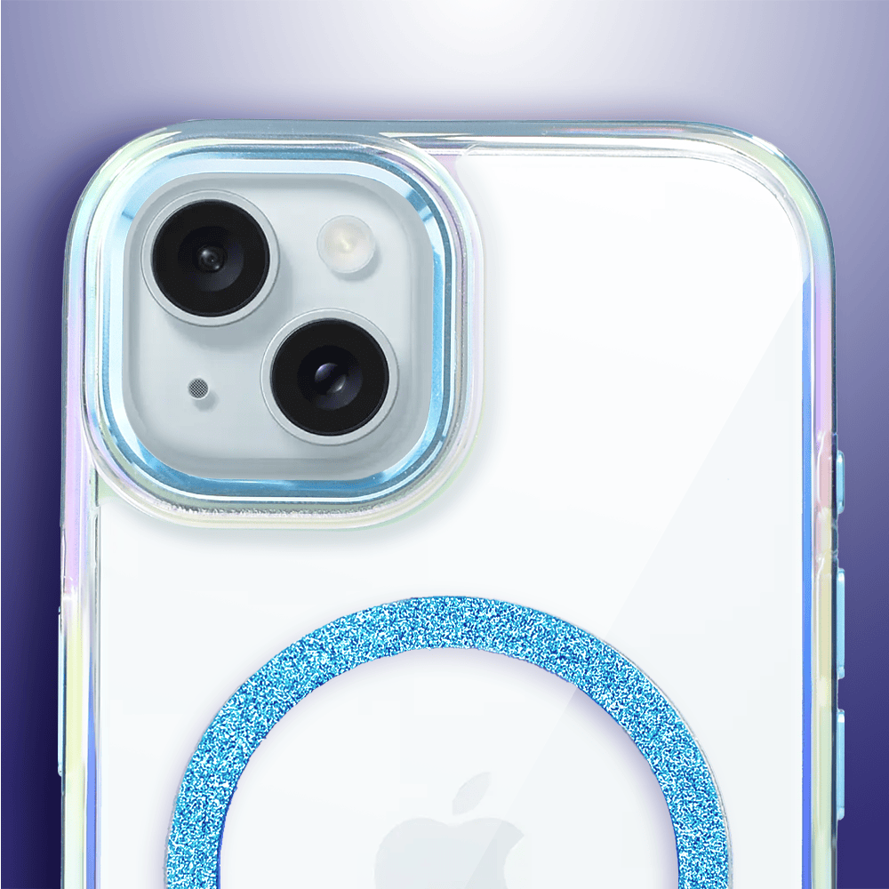 Etui do iPhone 15 Glitter Crown, opalizujące, przeźroczyste z brokatowym MagSafe, niebieskie