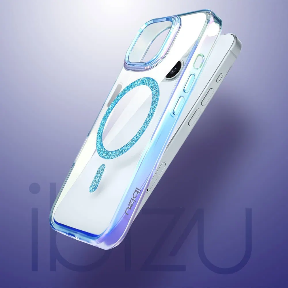 Etui do iPhone 15 Glitter Crown, opalizujące, przeźroczyste z brokatowym MagSafe, niebieskie