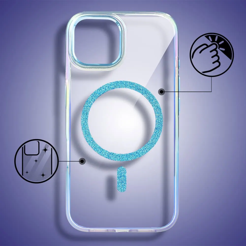 Etui do iPhone 15 Glitter Crown, opalizujące, przeźroczyste z brokatowym MagSafe, niebieskie