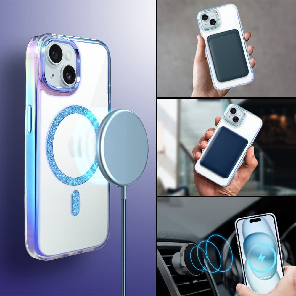 Etui do iPhone 15 Glitter Crown, opalizujące, przeźroczyste z brokatowym MagSafe, niebieskie