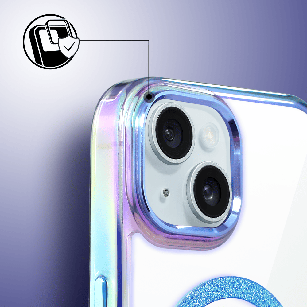 Etui do iPhone 15 Glitter Crown, opalizujące, przeźroczyste z brokatowym MagSafe, niebieskie