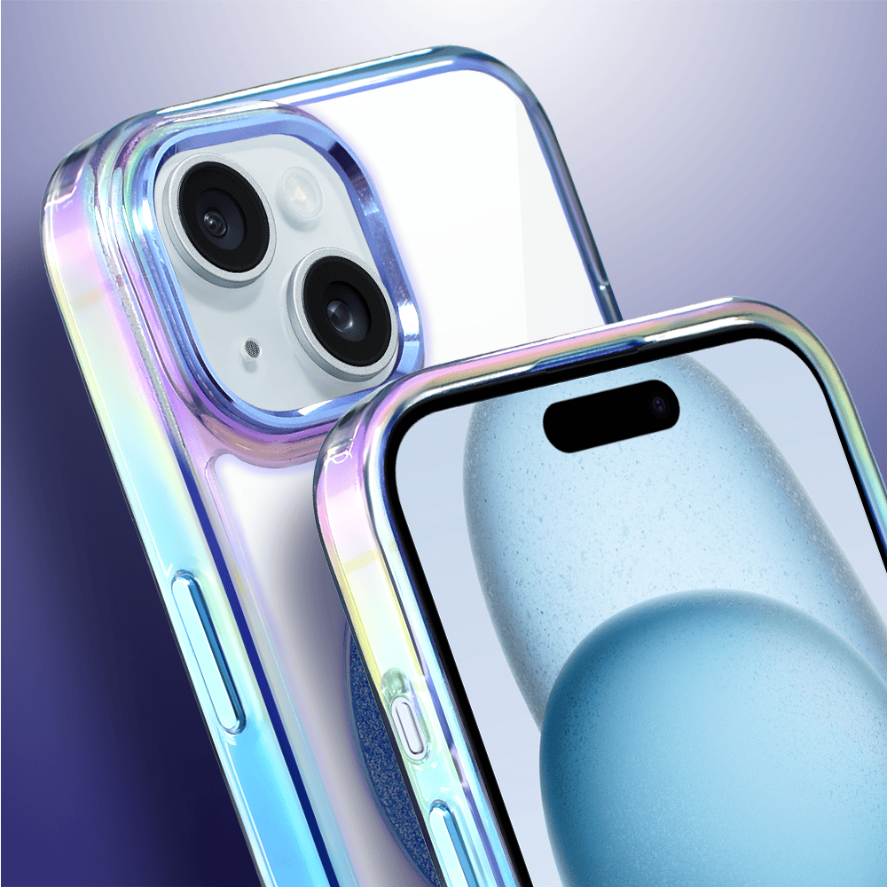 Etui do iPhone 15 Glitter Crown, opalizujące, przeźroczyste z brokatowym MagSafe, niebieskie