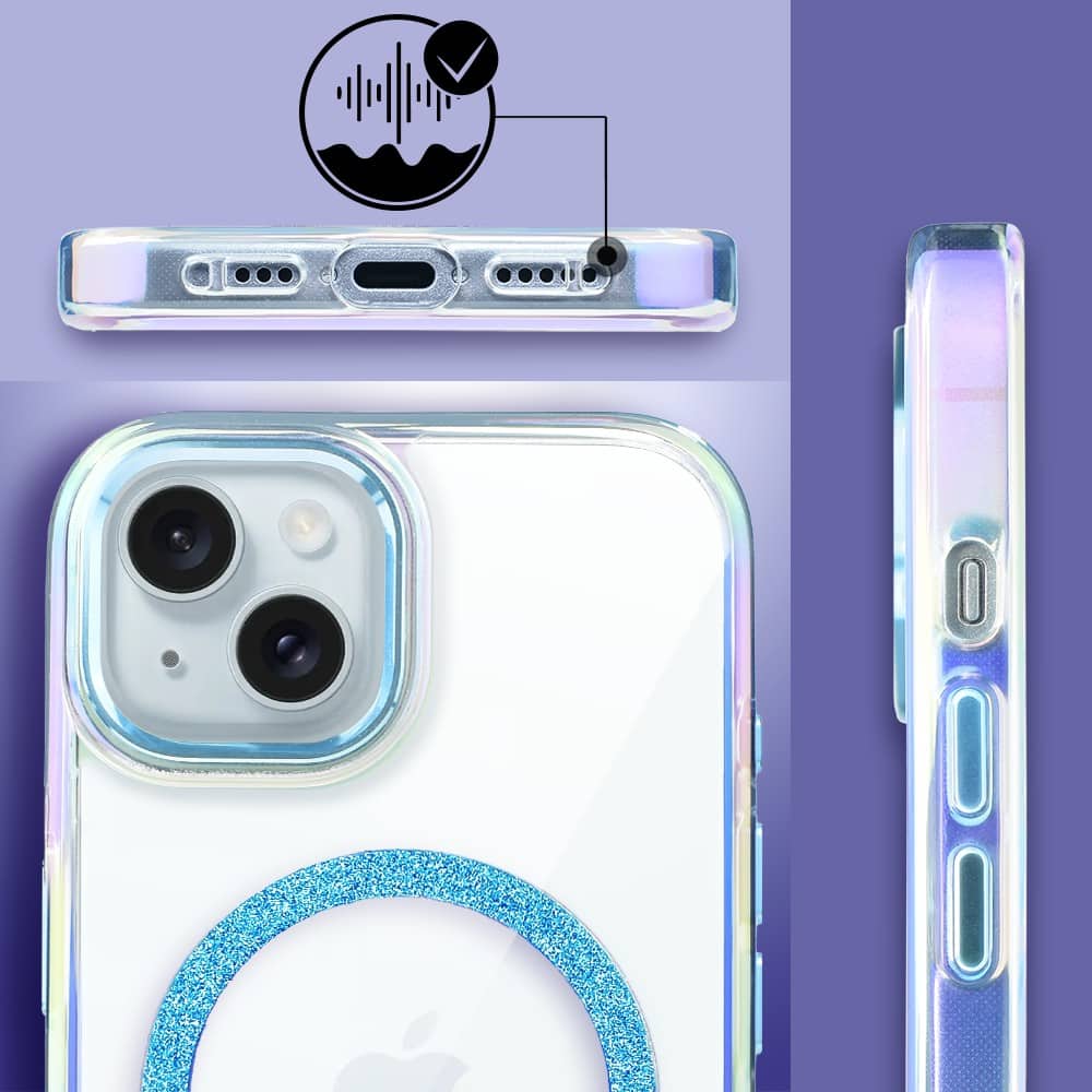 Etui do iPhone 15 Glitter Crown, opalizujące, przeźroczyste z brokatowym MagSafe, niebieskie