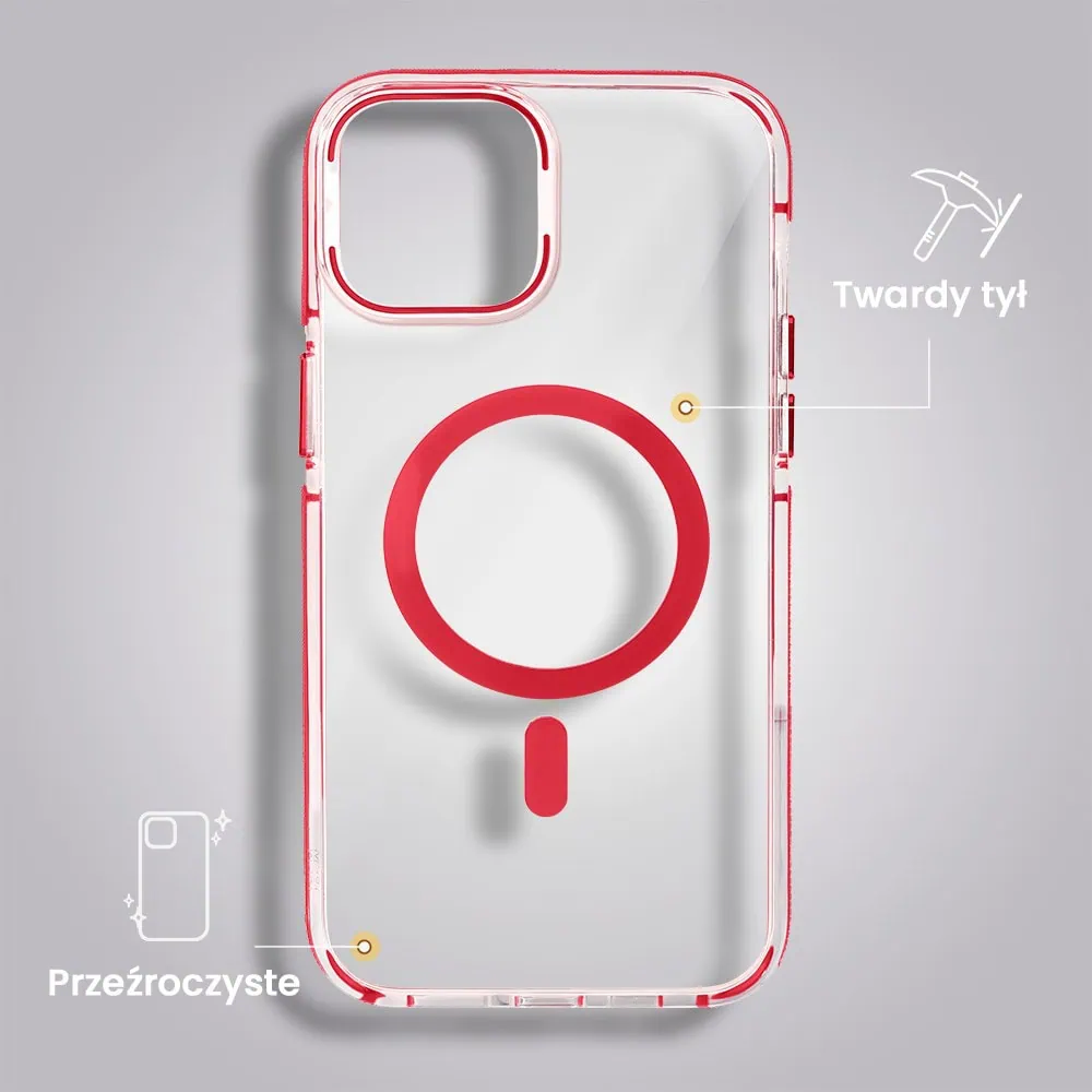 Etui do iPhone 15 Hard Color MagSafe, twardy krystaliczny tył, z podstawką, czerwone