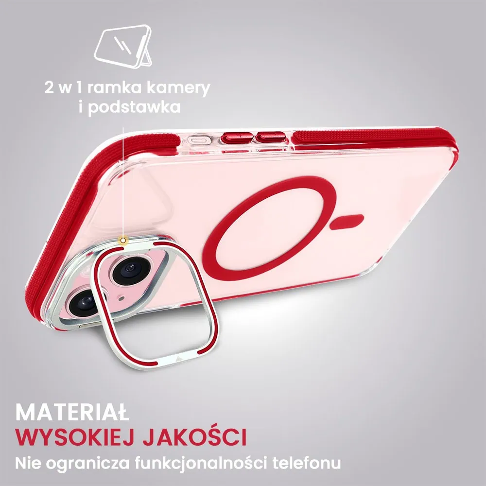 Etui do iPhone 15 Hard Color MagSafe, twardy krystaliczny tył, z podstawką, czerwone