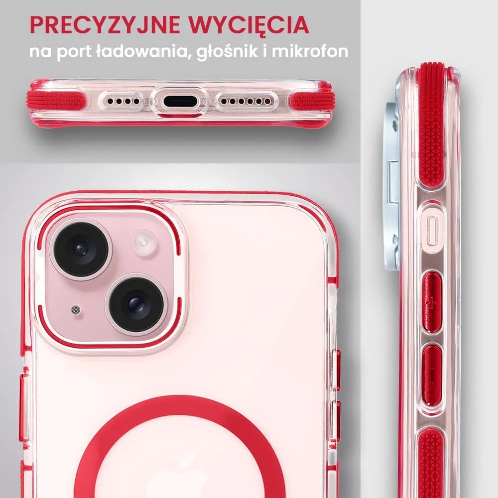 Etui do iPhone 15 Hard Color MagSafe, twardy krystaliczny tył, z podstawką, czerwone