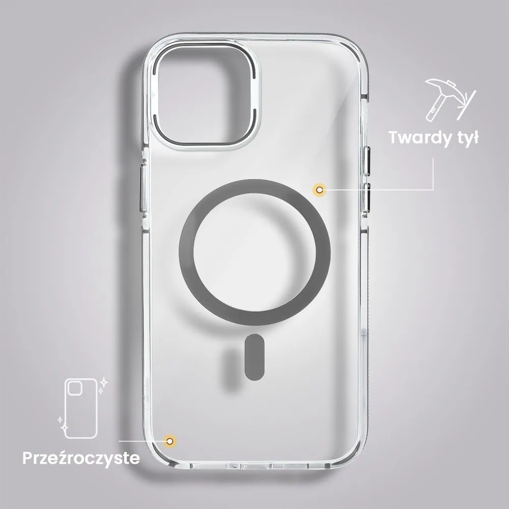 Etui do iPhone 15 Plus Hard Color MagSafe, twardy krystaliczny tył, z podstawką, szare