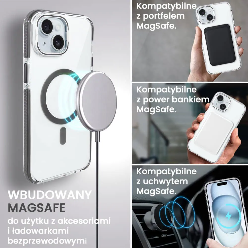 Etui do iPhone 15 Plus Hard Color MagSafe, twardy krystaliczny tył, z podstawką, szare