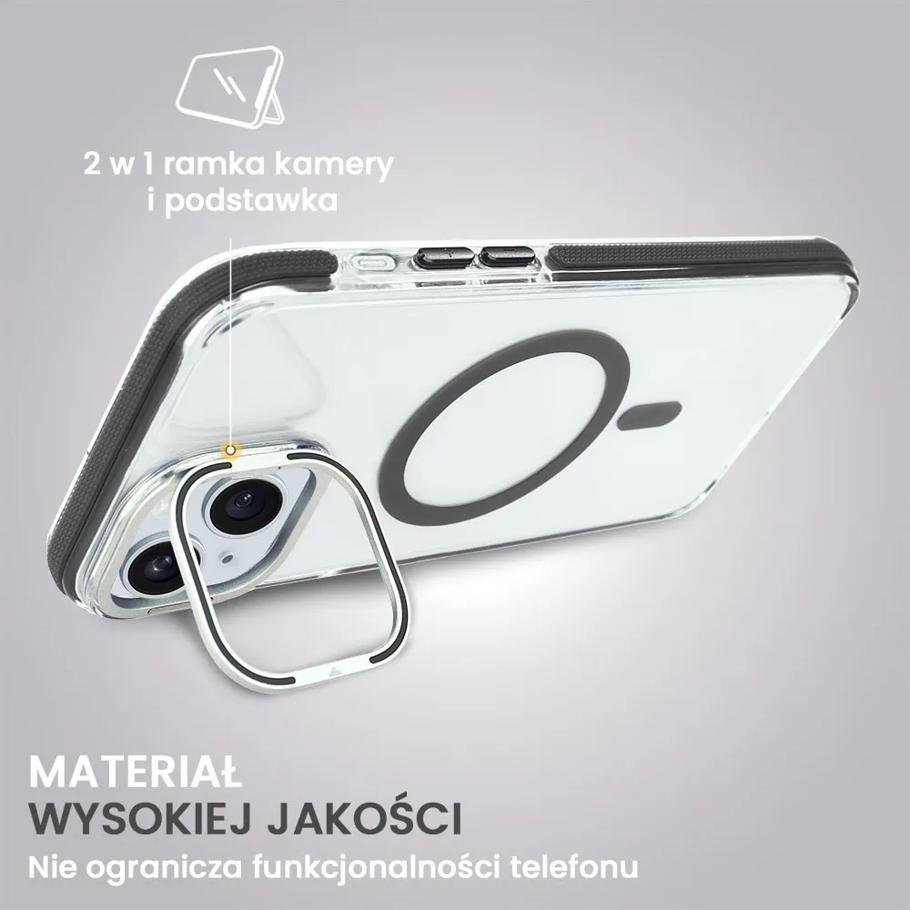 Etui do iPhone 15 Plus Hard Color MagSafe, twardy krystaliczny tył, z podstawką, szare