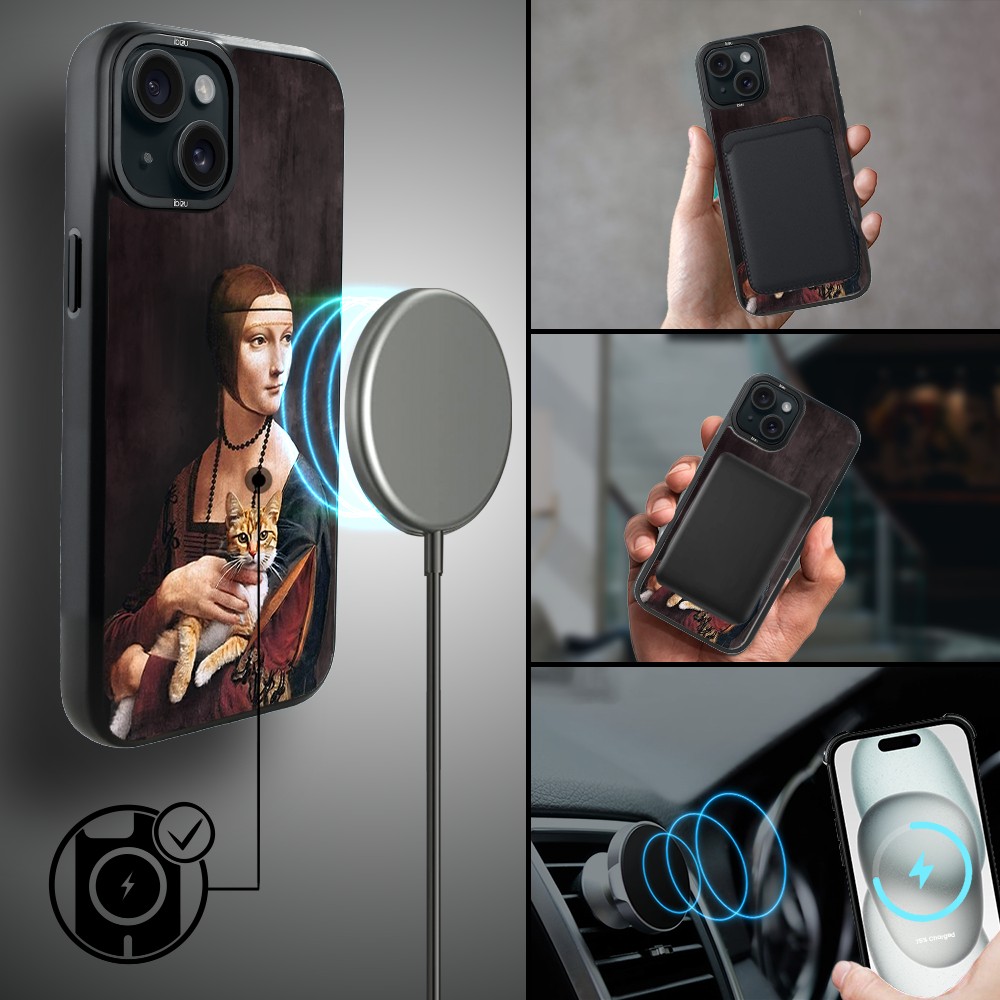 Etui do iPhone 15 IBIZU DropGuard Matt z MagSafe, Leonardo Da Vinci, dama z kotem