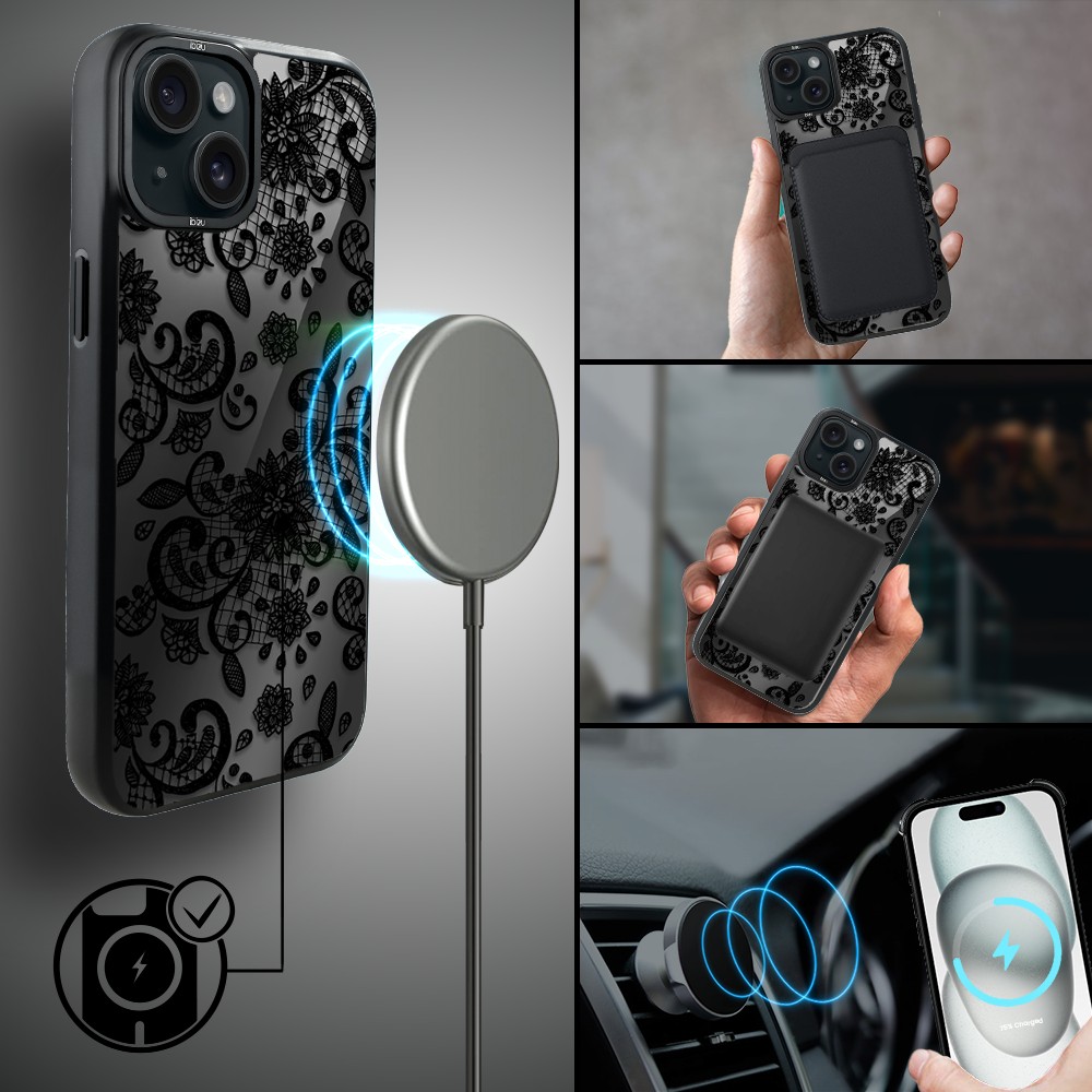 Etui do iPhone 15 Plus IBIZU DropGuard Matt z MagSafe, Midnight, Koronkowa czerń