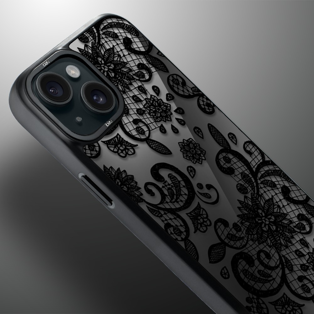 Etui do iPhone 15 Plus IBIZU DropGuard Matt z MagSafe, Midnight, Koronkowa czerń