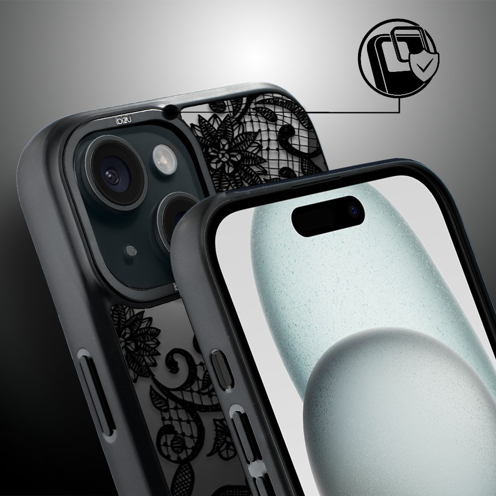 Etui do iPhone 15 Plus IBIZU DropGuard Matt z MagSafe, Midnight, Koronkowa czerń