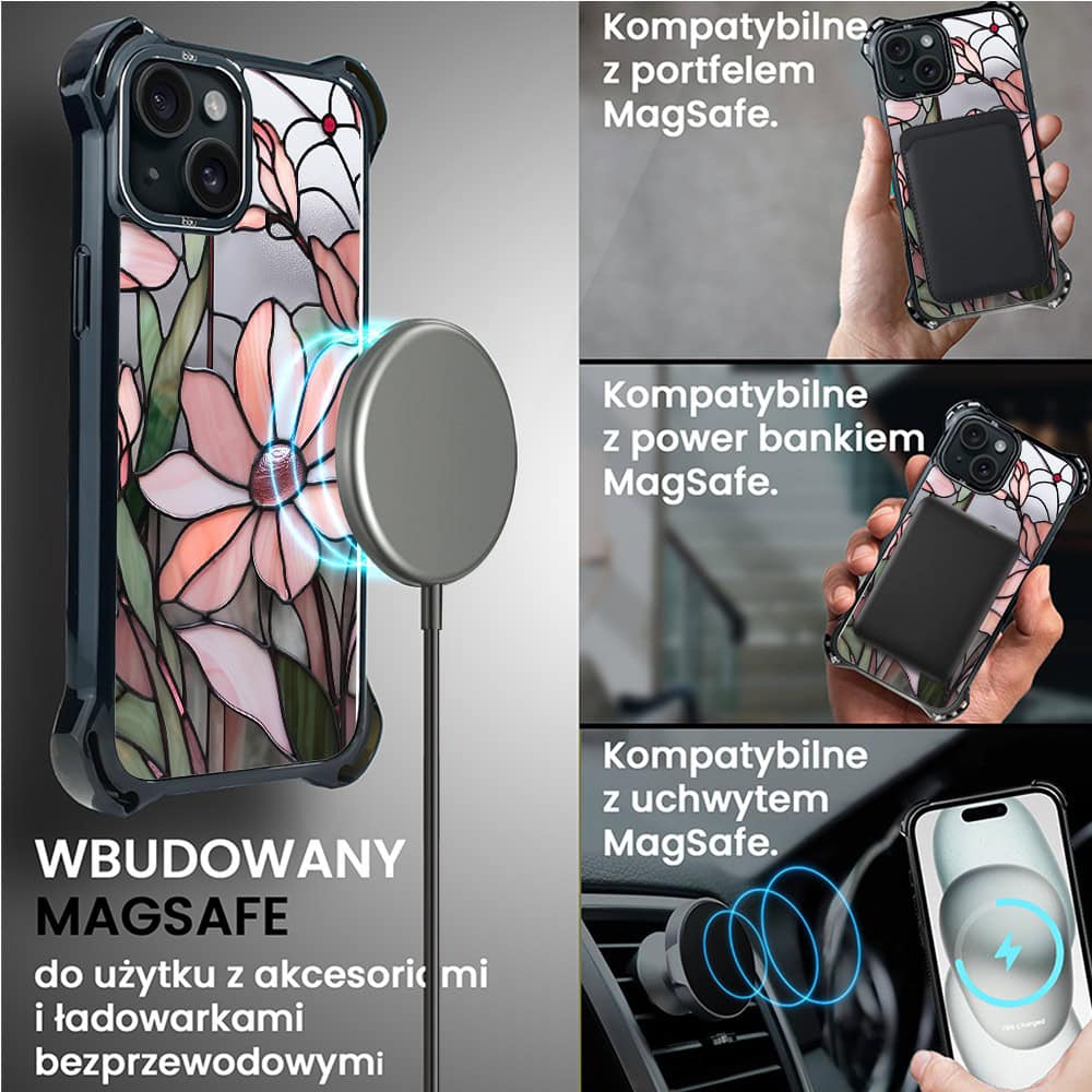 Etui do iPhone 15 Plus, Ibizu DropGuard Ultra z MagSafe, Barwy Szkła, Różowa magnolia
