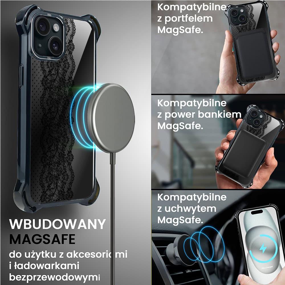 Etui do iPhone 15, Ibizu DropGuard Ultra z MagSafe, Midnight, Ornamentowa koronka
