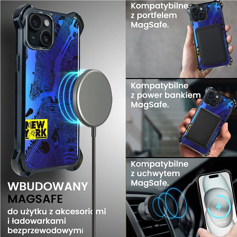 Etui do iPhone 15 Plus, Ibizu DropGuard Ultra z MagSafe, Mapy Świata, New York