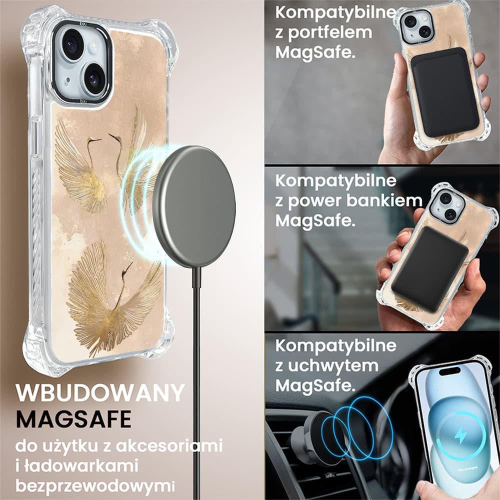 Etui do iPhone 15, Ibizu DropGuard Ultra z MagSafe, Boho, Złote żurawie