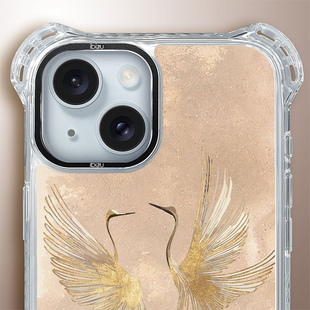 Etui do iPhone 15, Ibizu DropGuard Ultra z MagSafe, Boho, Złote żurawie