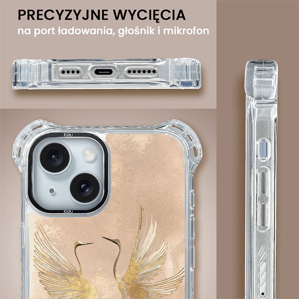 Etui do iPhone 15, Ibizu DropGuard Ultra z MagSafe, Boho, Złote żurawie