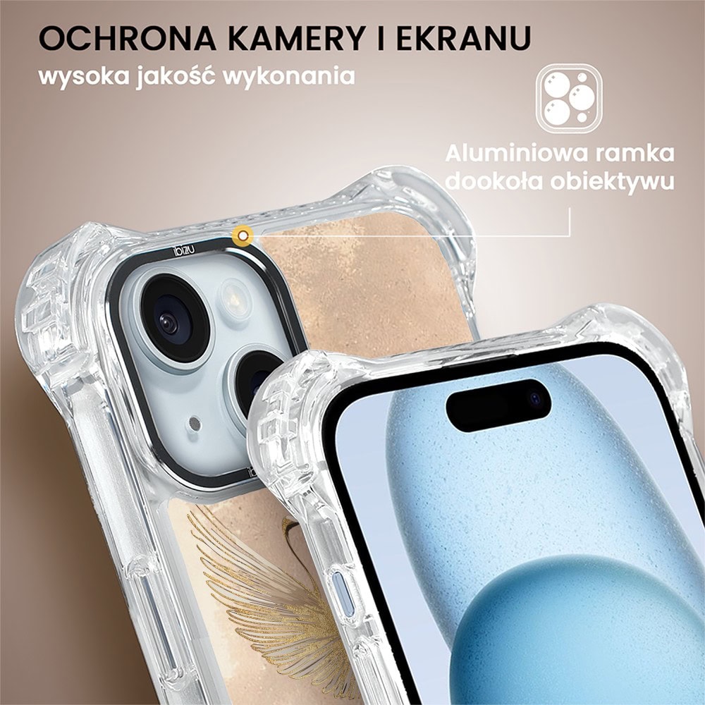 Etui do iPhone 15, Ibizu DropGuard Ultra z MagSafe, Boho, Złote żurawie