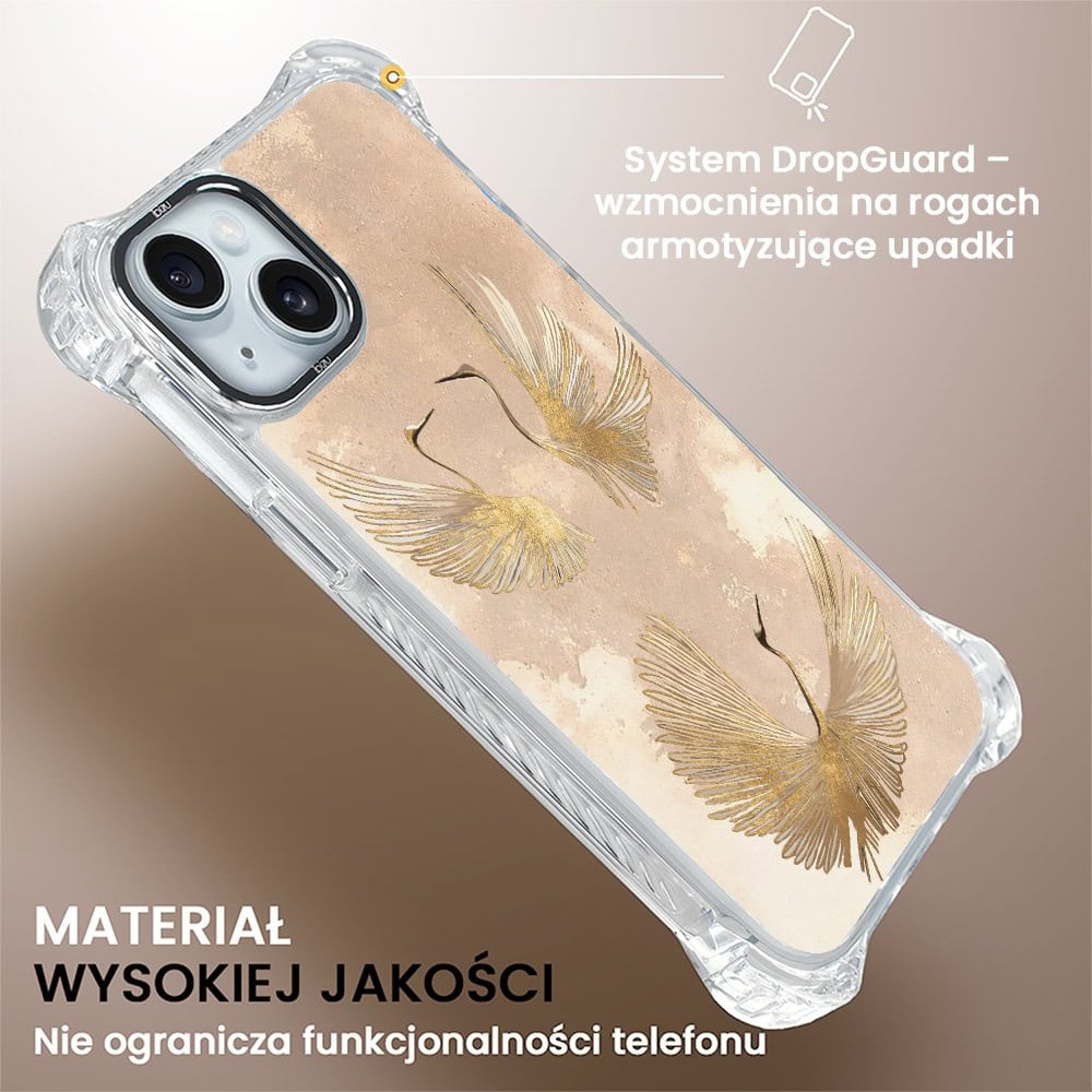 Etui do iPhone 15, Ibizu DropGuard Ultra z MagSafe, Boho, Złote żurawie