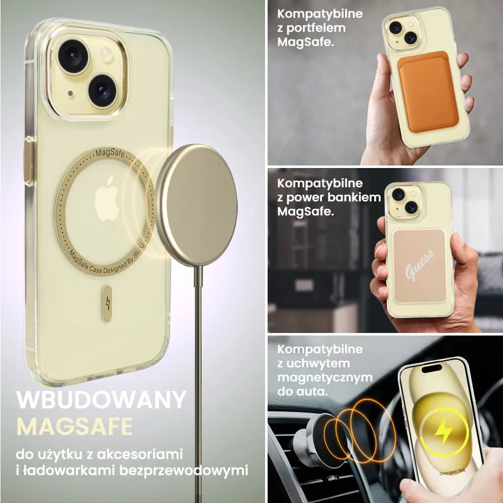 Etui do iPhone 15 Ibizu Premium Slim MagSafe cienkie, przeźroczyste, złote