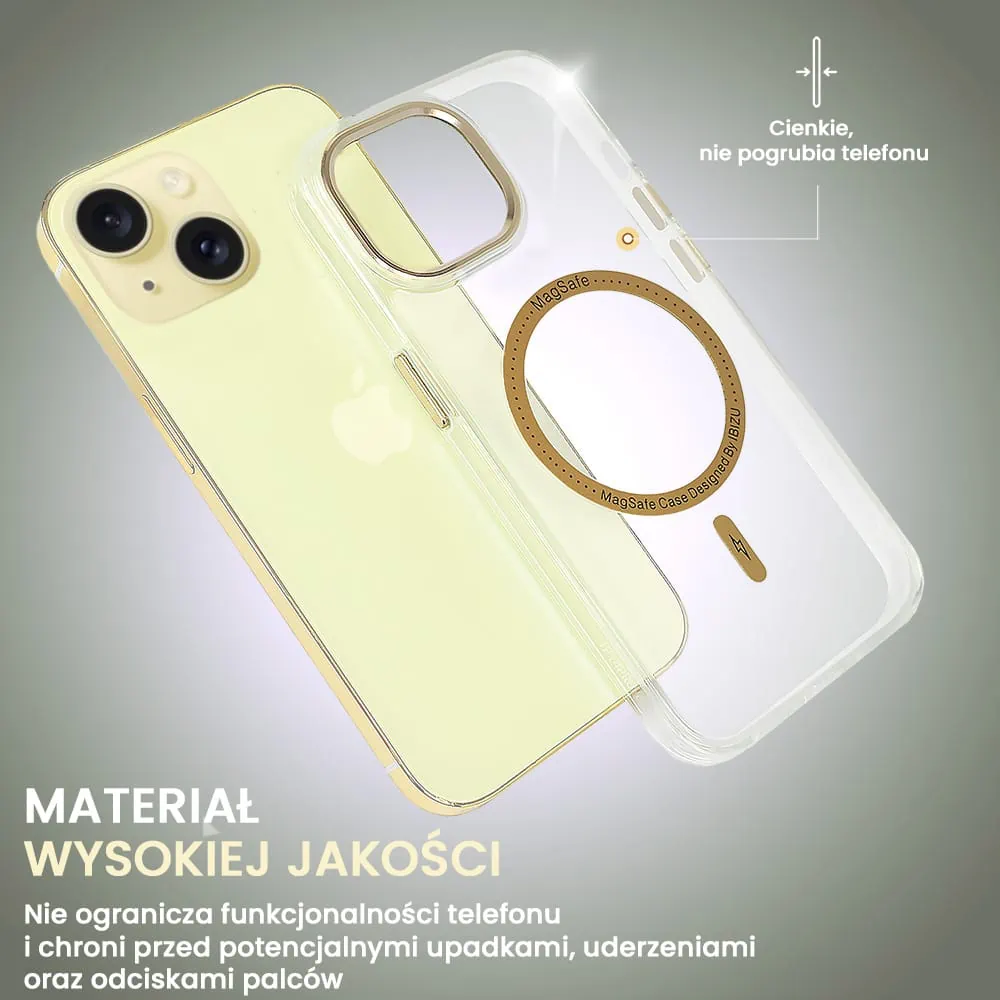 Etui do iPhone 15 Ibizu Premium Slim MagSafe cienkie, przeźroczyste, złote