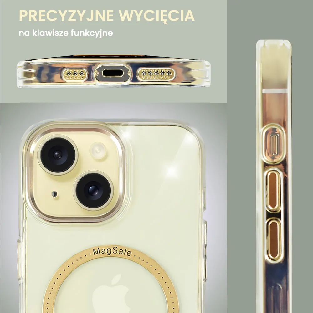 Etui do iPhone 15 Ibizu Premium Slim MagSafe cienkie, przeźroczyste, złote