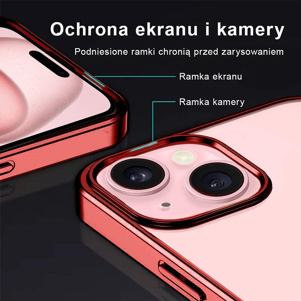 Etui do iPhone 15 JETech Simple Metallic Red, przeźroczyste z ramką w kolorze czerwonym (OUTLET)