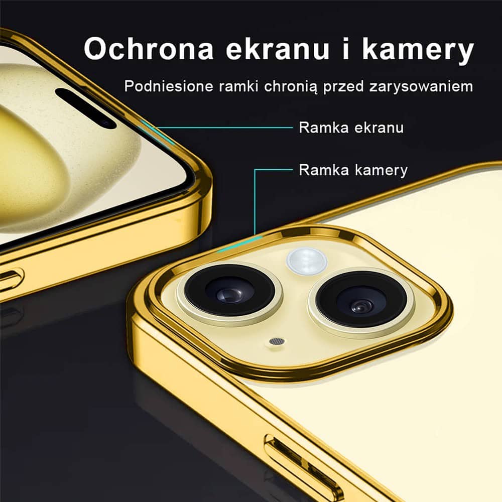 Etui do iPhone 15 JETech Simple Metallic gold przeźroczyste z ramką w kolorze złotym (OUTLET)