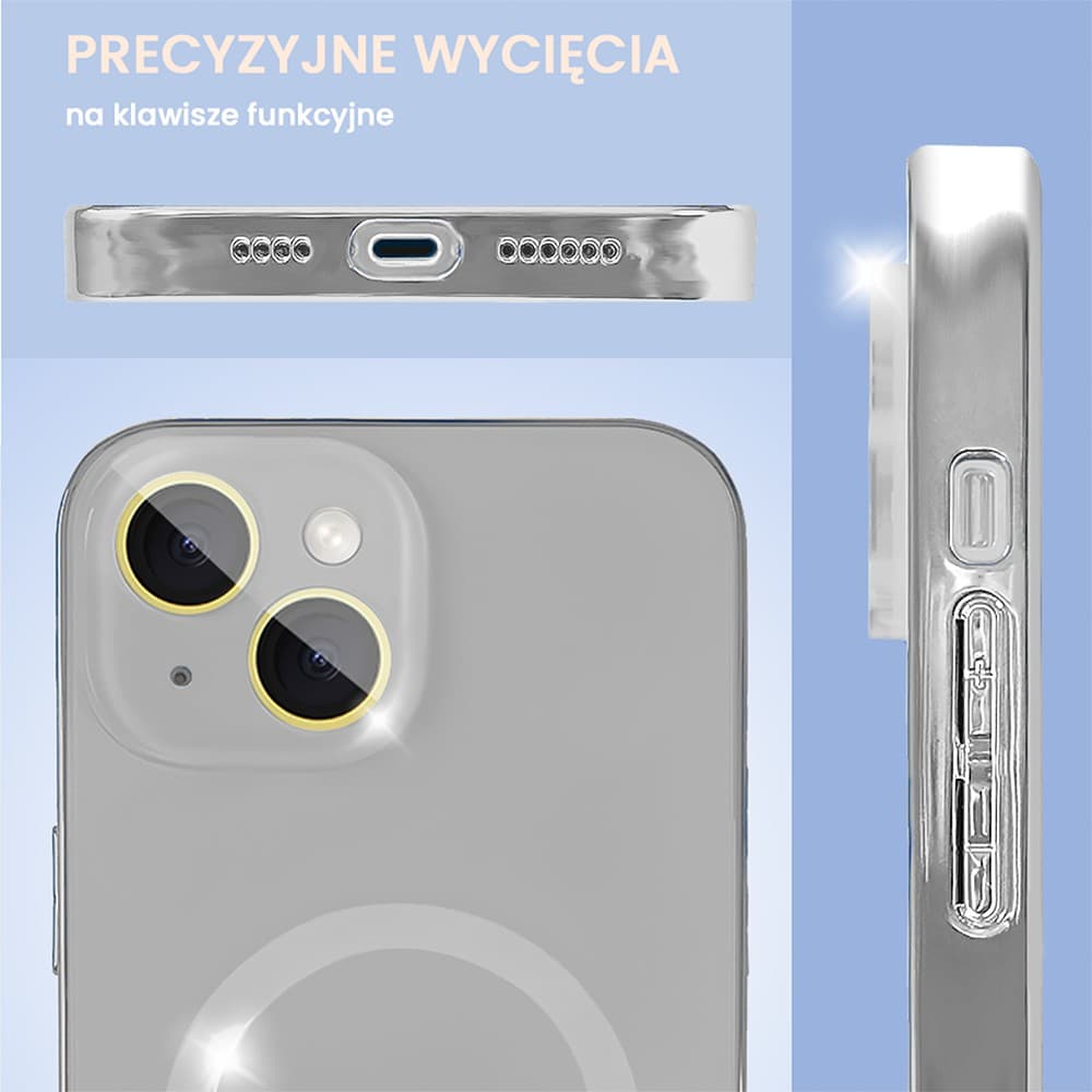 Etui do iPhone 15 Plus Jolly Magsafe Protect, z osłoną obiektywów, srebrne z ozdobną ramką