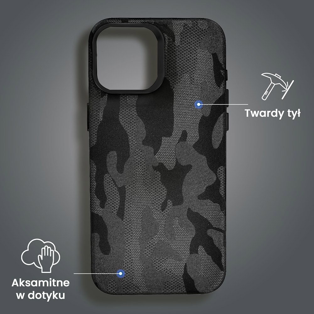Etui do iPhone 15 MagSafe Army Shell, cienkie, twarde, powleczone materiałem, czarne