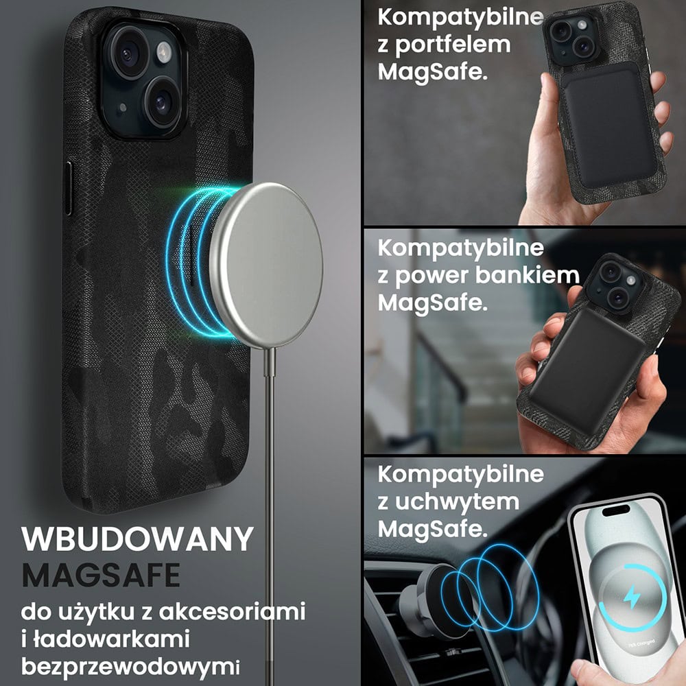 Etui do iPhone 15 MagSafe Army Shell, cienkie, twarde, powleczone materiałem, czarne