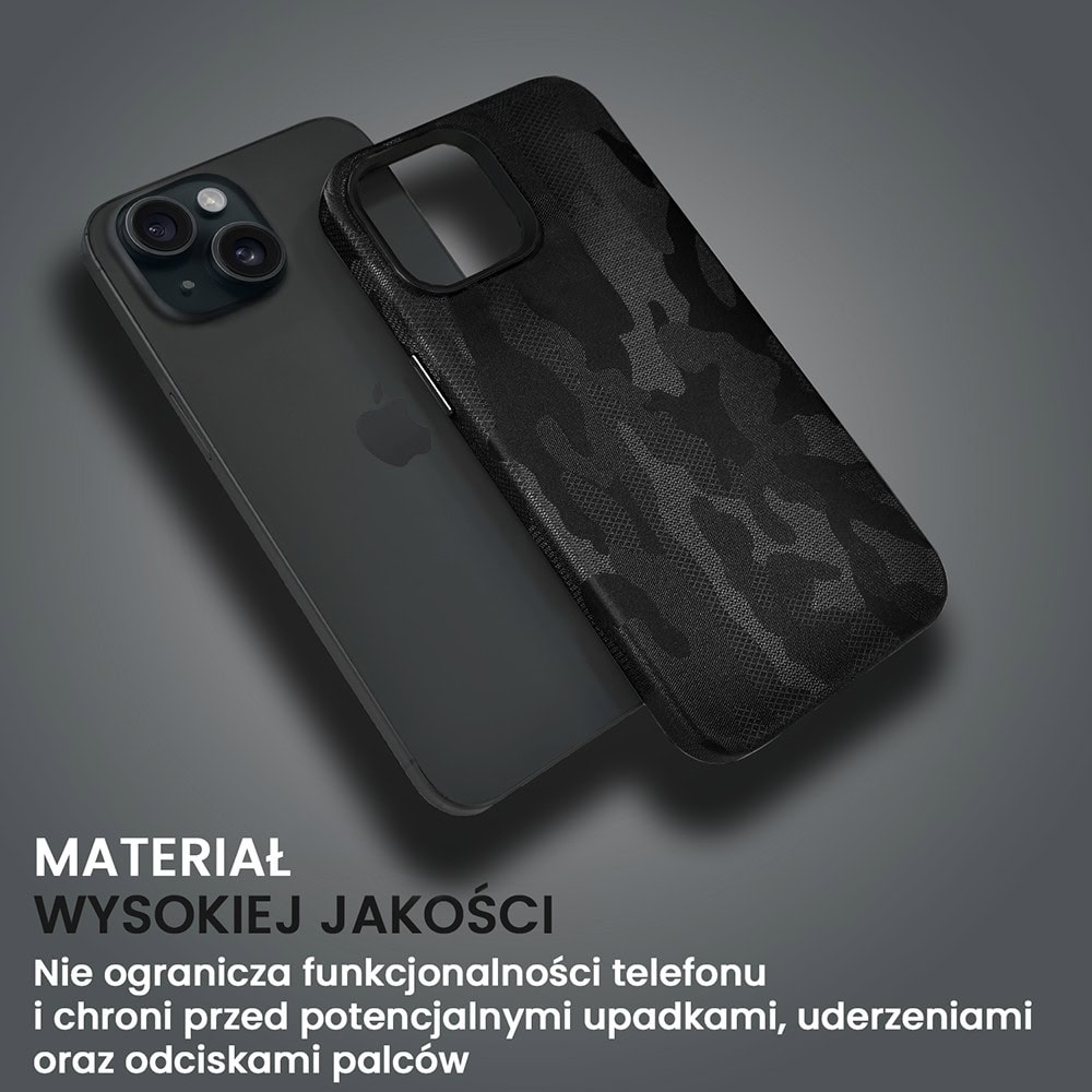 Etui do iPhone 15 MagSafe Army Shell, cienkie, twarde, powleczone materiałem, czarne