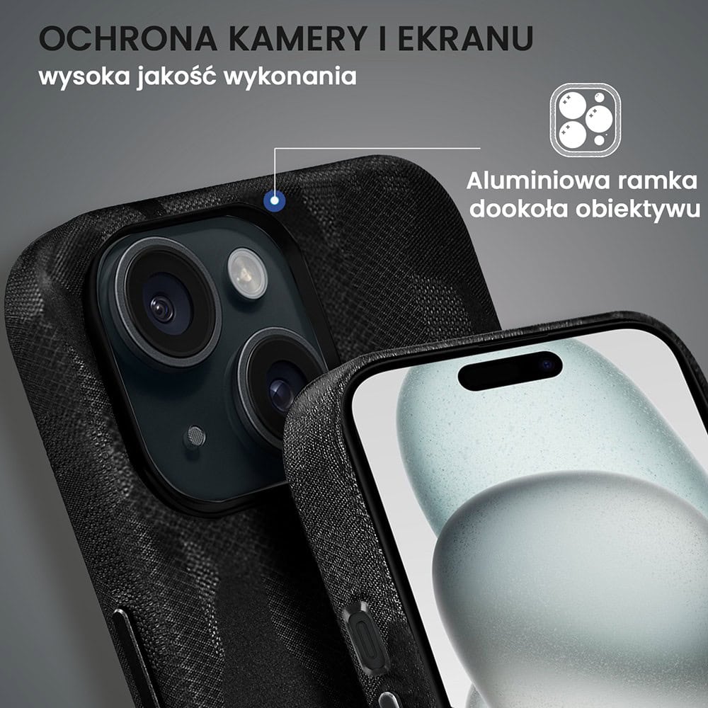 Etui do iPhone 15 MagSafe Army Shell, cienkie, twarde, powleczone materiałem, czarne