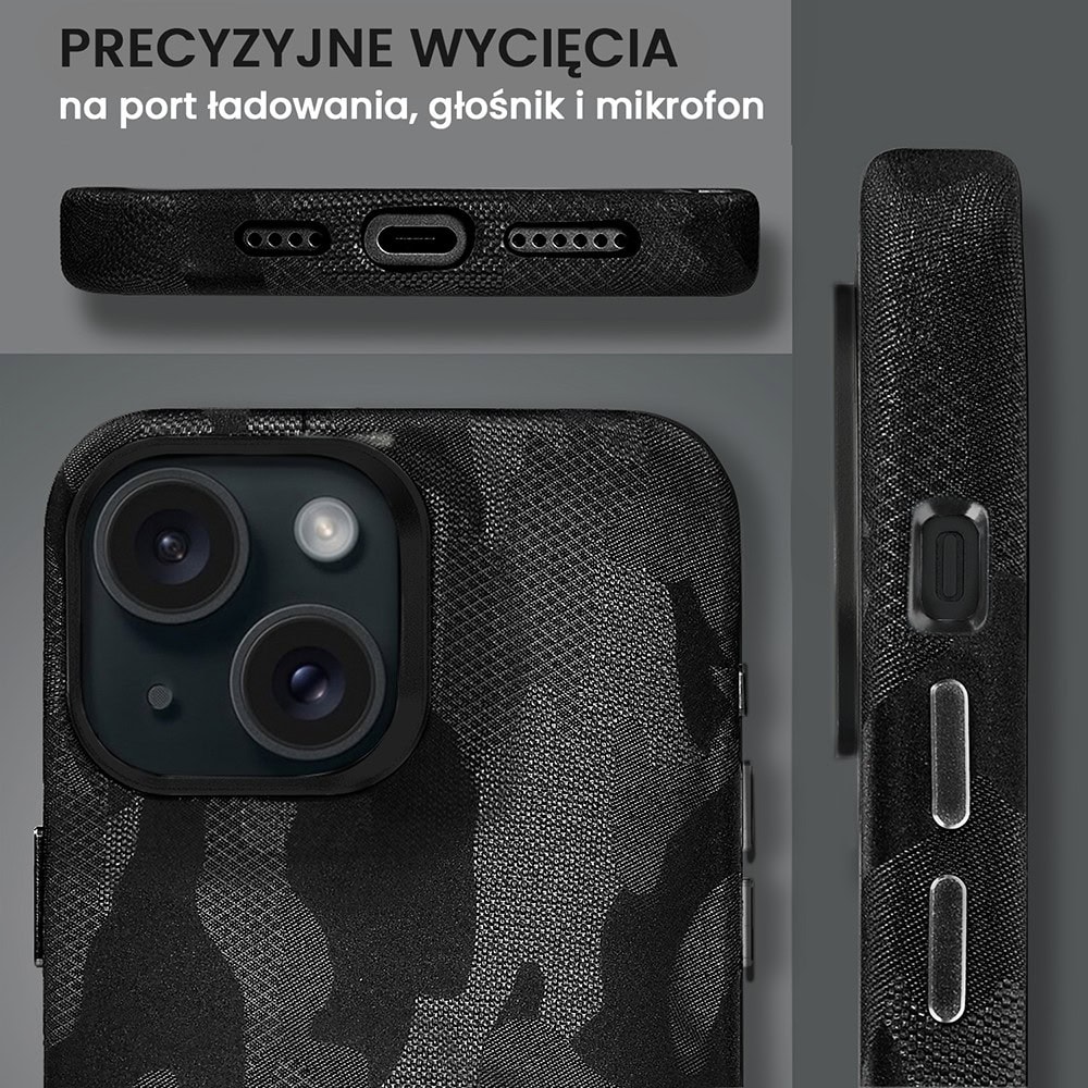 Etui do iPhone 15 MagSafe Army Shell, cienkie, twarde, powleczone materiałem, czarne