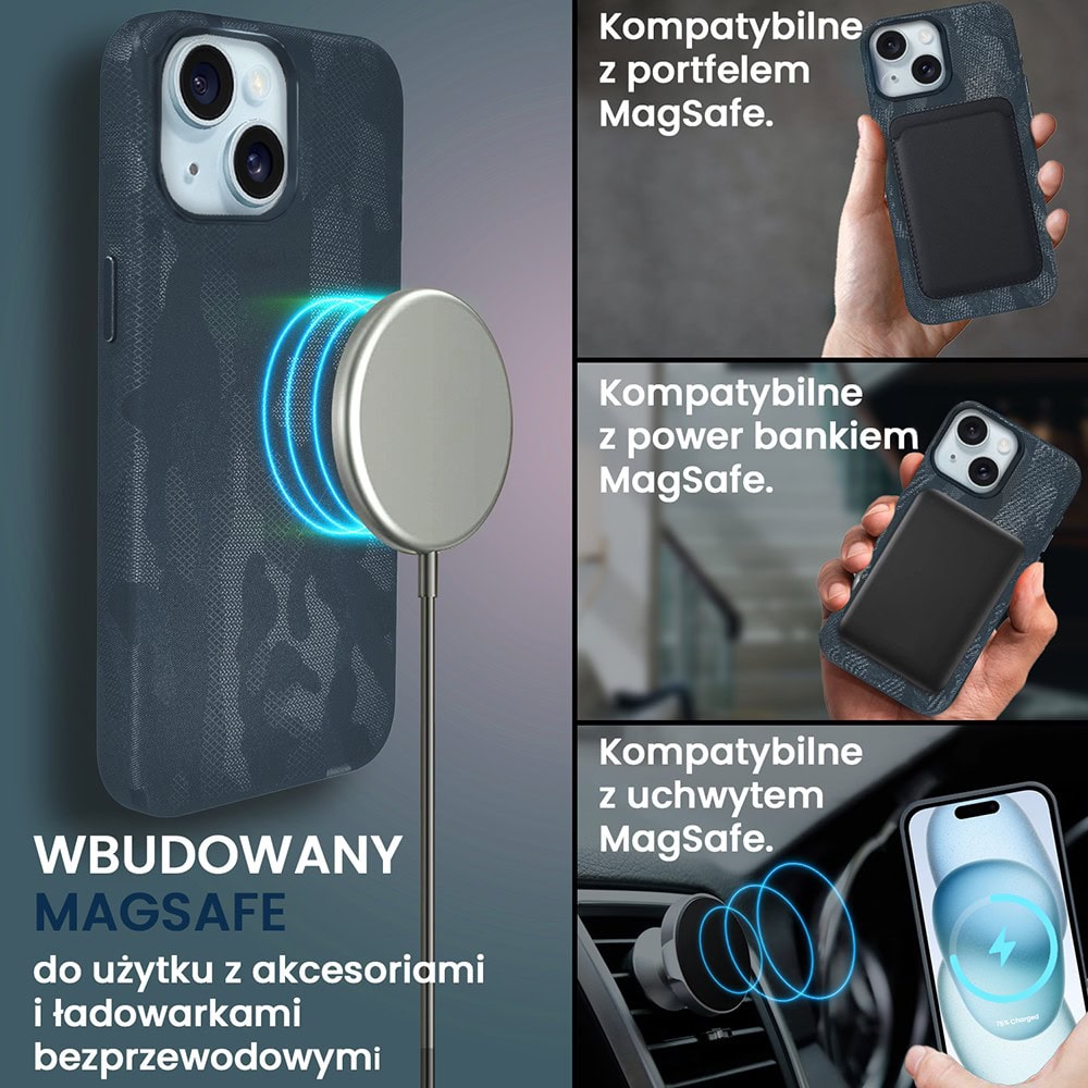 Etui do iPhone 15 MagSafe Army Shell, cienkie, twarde, powleczone materiałem, granatowe